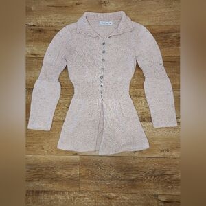 RARE Vintage Shetland Knit Hourglass Cardigan Seashell Buttons Pale Pink Women S